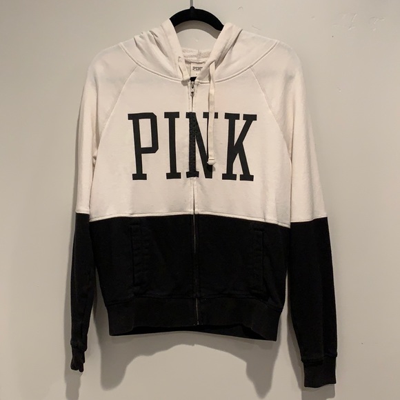 PINK Victoria's Secret Tops - Victoria’s Secret PINK zip up hoodie black & white size small